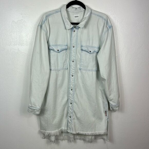 Hudson Taryn Light Blue Cotton Blend Raw Hem Long Sleeve Shirt Dress Size L - Picture 2 of 11